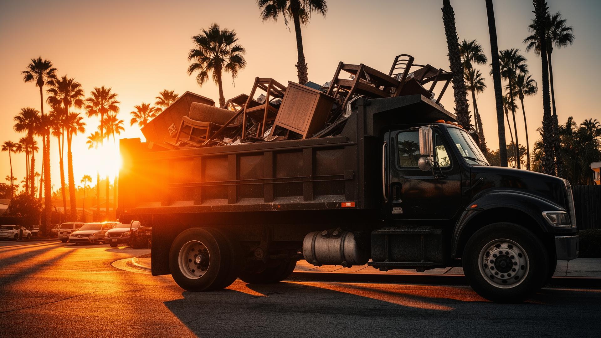 Junk Broz black hauling truck loaded with junk at sunset in Orange County
